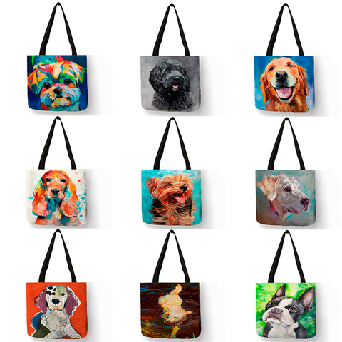 Exclusive Oil Painting Dog Print Shopping Bags for Groceries Papillon Pug  Retriever Print Women Handbag Shoulder Large Capacity ► Photo 1/6