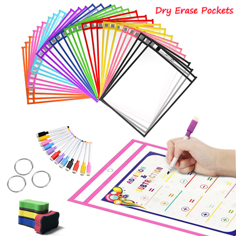 Reusable PP File Dry Erase Pockets With Pen Transparent Write And Wipe Drawing Whiteboard Markers Used for Teaching Supplies ► Photo 1/6