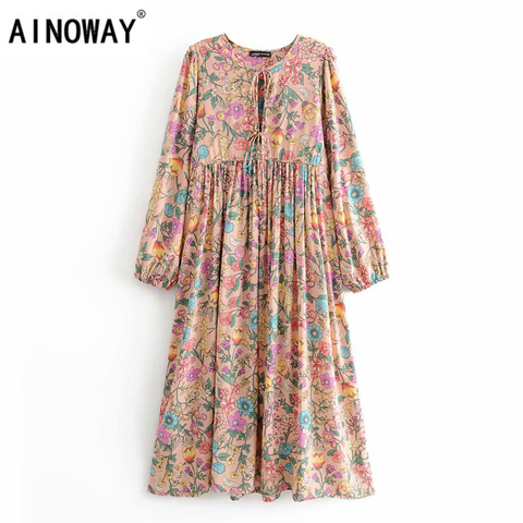 Vintage chic women elegant lace-up  tassel floral print beach long Bohemian  Midi dress Ladies rayon Boho dress vestidos ► Photo 1/6