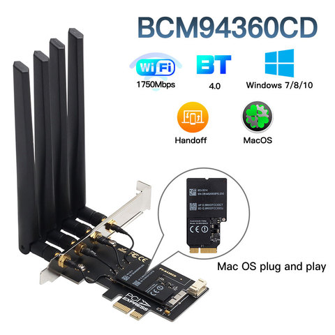Dual band 1750Mbps 802.11ac Bcm4360 WiFi + Bluetooth BT 4.0 BCM94360CD PCIE Wireless Adapter MacOS Hackintosh Dekstop PC ► Photo 1/6