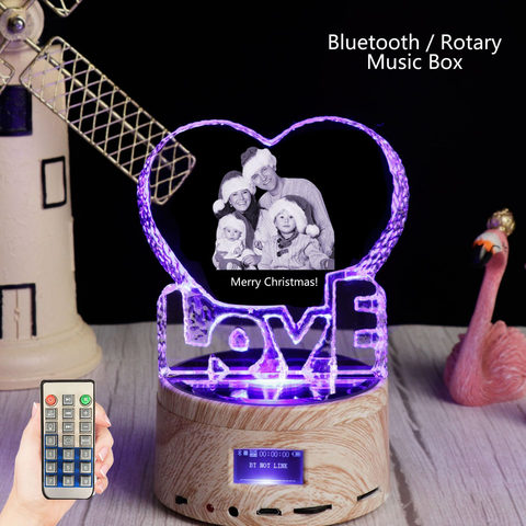 Bluetooth Rgb Light Love Crystal Custom Laser Photo Glass Photo Frame Rotating Music Box Wedding Birthday Christmas Gift ► Photo 1/6