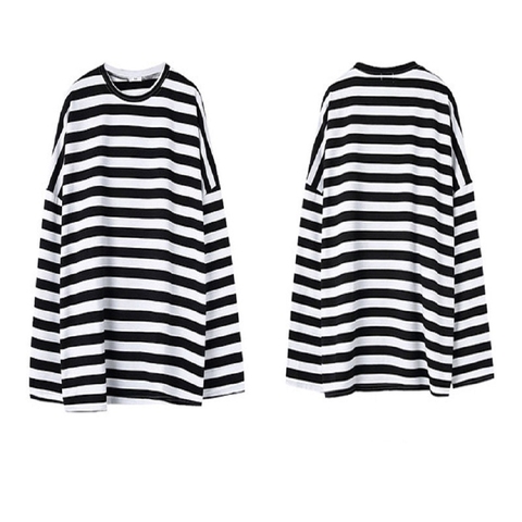 2022 Black White Striped Casual Tees Long Sleeve Oversize Women Tops Home Simple Round Neck Fashion Basic Ladies T-shirts ► Photo 1/6