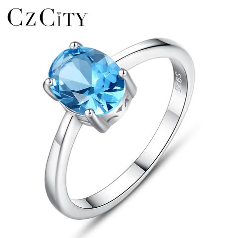 CZCITY Natural Solitaire Sky Blue Oval Topaz Stone Sterling Silver Ring For Women Fashion S925 Fine Jewelry Finger Band Rings ► Photo 1/6