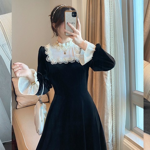 French Retro Black Midi Dress Women Elegant One Piece Dress Korean 2022 Spring SLim Lace Evening Party Velvet Dress Female Cute ► Photo 1/6