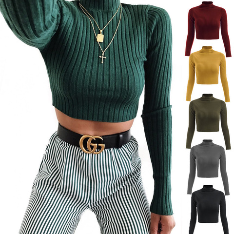 Turtleneck Sweaters Sexy Navel Bare Cropped Tops Women Autumn Winter Ribbed Jummers Lady Knitted Pullovers Short Solid Sweaters ► Photo 1/6