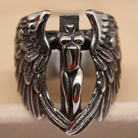 Vintage Cross Headless Guardian Feather Angel Wing Mens Rings Jewelry Gold And Silver Stainless Steel Anniversary Ring Size 12 ► Photo 1/1