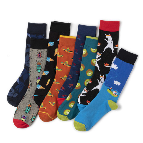 1 Pair Men Socks Combed Cotton Cartoon Animal Insect Cat Printed Calcetines Novelty Funny Happy Socks Calcetines Hombre ► Photo 1/6