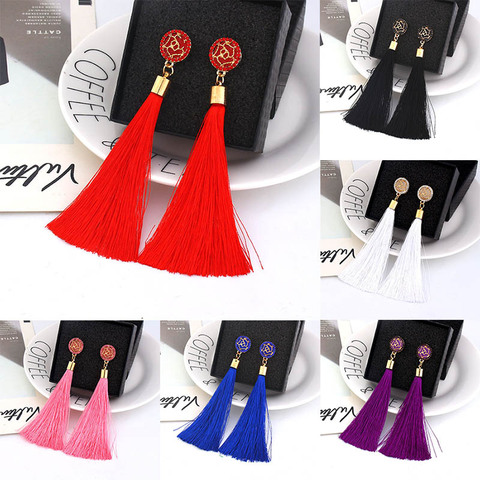 Women Bohemian Crystal Long Tassel Dangle Earrings For Girl Red White Silk Fabric Drop Rose flower lotus Earring Fashion Jewelry ► Photo 1/6