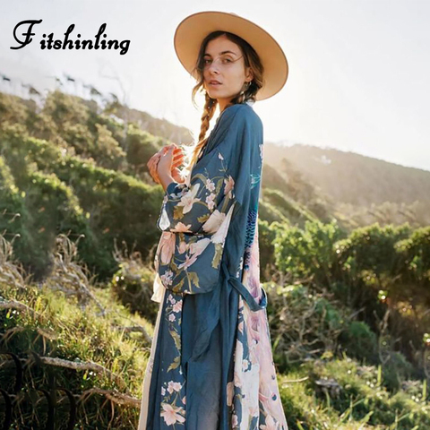 Fitshinling Flare Sleeve Beach Kimono With Sashes Side Split Print Pockets Slim Long Cardigan Holiday Cover-Up Autumn Outing New ► Photo 1/6