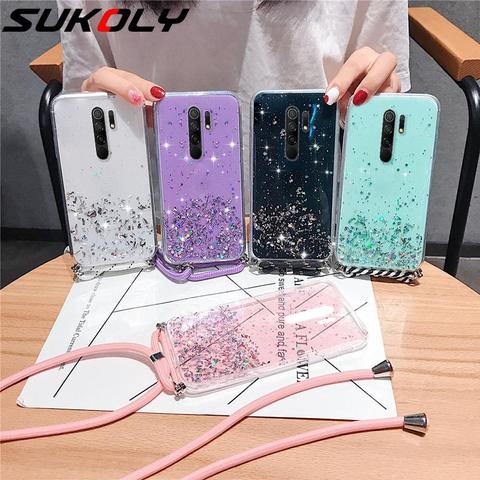 Sparkle Glitter Strap Chain Phone Necklace Lanyard Case For Xiaomi Mi 11 Mi Poco X3 NFC Redmi Note 9 Pro 9s 8 7 Mi 10T Pro Case ► Photo 1/6