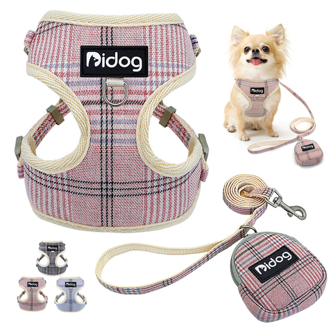 Mesh Nylon Dog Harness and Leash With Snack Bag Plaid Dogs Cat Vest Harness Pet Walking Lead Leashes Belt For Small Dogs Cats ► Photo 1/6