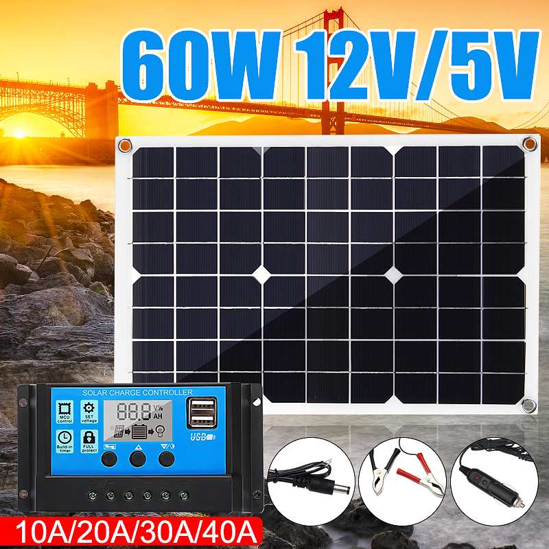 60W 12V/5V Solar Panel Battery Charger Dual USB RV Car Boat 10-40A Controller 