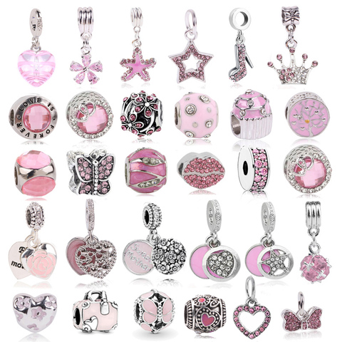 Boosbiy 2pc 45 Styles Lovely Pink Enamel Heart Flower Charms Beads Fit Brand Bracelets & Necklaces For Women DIY Jewelry Gift ► Photo 1/6