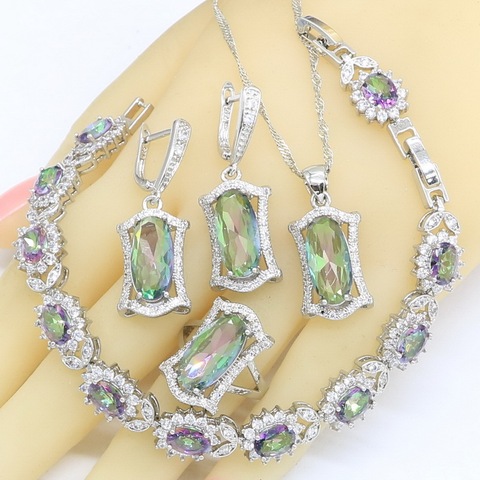 Geometric Rainbow Zircon 925 Silver Wedding Jewelry Sets For Women Necklace Pendant Earrings Rings Bracelet Gift Box ► Photo 1/6