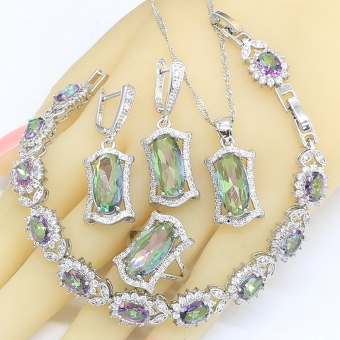 Geometric Rainbow Zircon 925 Silver Wedding Jewelry Sets For Women Necklace Pendant Earrings Rings Bracelet Gift Box ► Photo 1/6