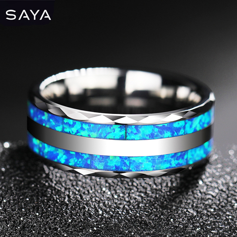 New Arrival Luxurious 8mm Width Tungsten Ring for Wedding inlay Two Pcs Synthetic Blue Opal for Woman Man Comfort Fit 6-12.5 ► Photo 1/1