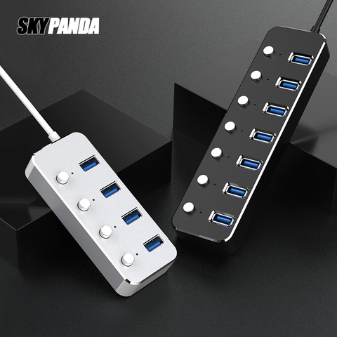 Aluminum Alloy 4 / 7 Ports USB 3.0 Hub Sub-control Switch HUB 60/120cm Cable Upto 5Gbps Splitter With CE Certified EU Charger ► Photo 1/6