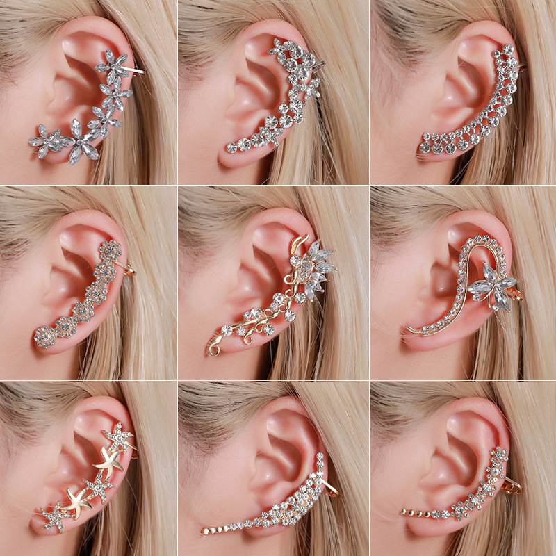 Women Boho Cuff Elegant Crystal Rhinestone Ear Stud Clip Earring Fashion Jewelry