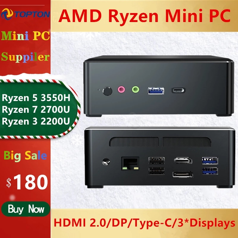 TOPTON Mini PC AMD Ryzen R5 3550H R7 2700U Vega 10 Graphic 2*DDR4