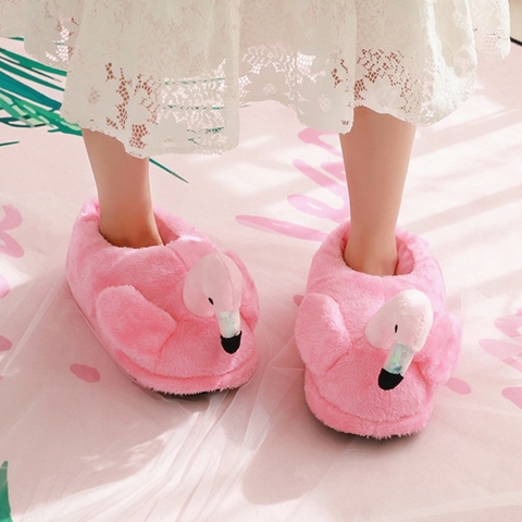 Winter Women Indoor Fur Slippers Cartoon Flamingo Pink Plush Warm Flat Ladies Shoes Slip on Unisex Home Women Slippers One Size ► Photo 1/6