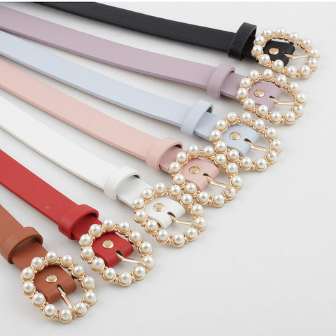 Fashion Pearl Decorative Belt Ladies Belt Round Pin Buckle Pearl Belts Women's Casual Solid PU Leather Thin Belt ceinture femme ► Photo 1/6