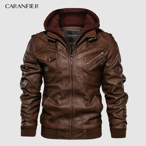 CARANFIER Mens PU Hooded Jackets Coats Motorcycle Biker Faux Leather Jacket Men Classic Winter Jackets Clothes  European Size ► Photo 1/6