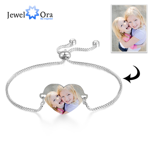 JewelOra Customized Photo Engrave Name Bracelets for Women Personalized Stainless Steel Heart Adjustable Chain Bracelets Jewelry ► Photo 1/6