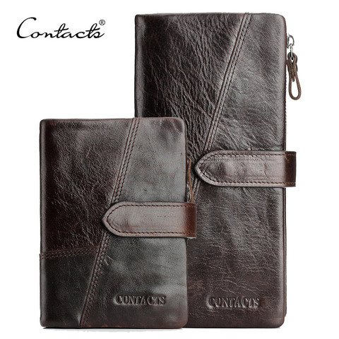 CONTACT'S Genuine Crazy Horse Cowhide Leather Men Wallets Fashion Purse With Card Holder Vintage Long Wallet Clutch Wrist Bag ► Photo 1/6