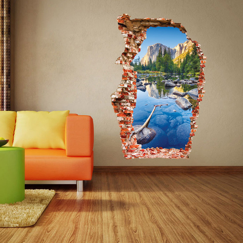 Breaken 3D Colorful Wall stickers Pond Home Decor Living Room Mountain Landscape Background Broken Hole Door Sticker ► Photo 1/6