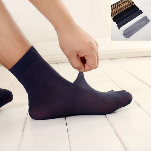 New Solid 5pairs/Lot Business Mens Summer Socks Thin Silk High Elastic Nylon Breathable Casual Short Crew Socks Male Cool Socks ► Photo 1/6