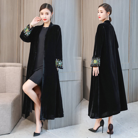 2022 elegant Embroidered Cardigan Large Size Windbreaker Overcoat Women Spring Autumn Long Trench Coats black Velvet Outerwear ► Photo 1/1