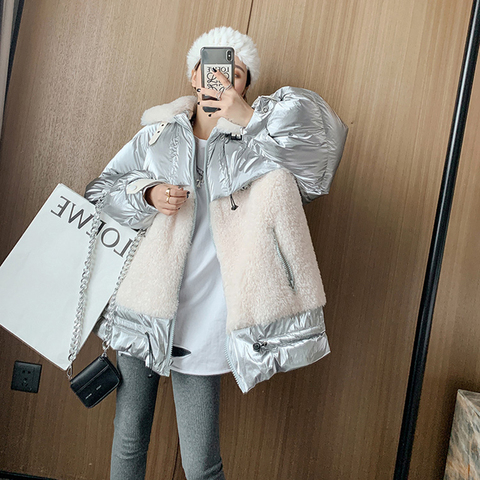 2022 Winter Plus siz Coat Woman Long Fashion Faux Lambwool Down cotton Parka Female Warm Loose Glossy Patent Leather Down Jacket ► Photo 1/6