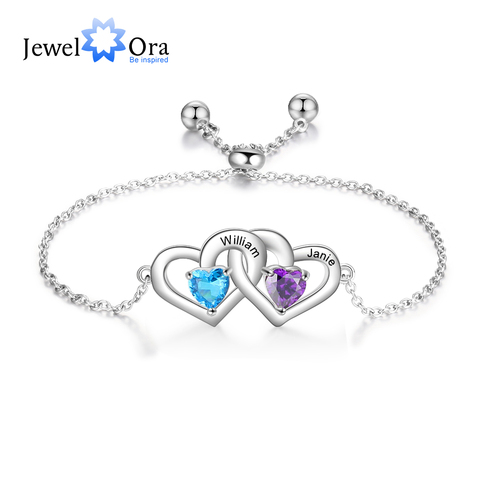 JewelOra Customized 2 Birthstones Adjustable Chain Bracelet Personalized Intertwined Hearts Engraved Name Bracelets for Women ► Photo 1/6