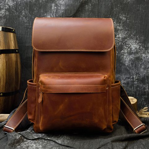 Vintage Crazy horse leather Men Backpack Brown genuine cowhide leather women rucksack daypack 14