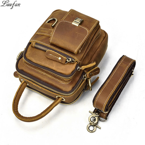 Crazy Horse Genuine Leather Men Shoulder Bag Cowhide Double Zipper Pockets Multifunctional Messenger bag Vintage mini handbag ► Photo 1/6