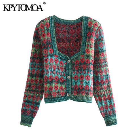 KPYTOMOA Women 2022 Fashion Jacquard Cropped Knitted Cardigan Sweater Vintage Square Collar Button-up Female Outerwear Chic Tops ► Photo 1/6