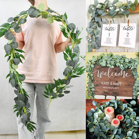 Green Eucalyptus Leaves Garland Wisteria Artificial Flowers Rattan Fake Plant Silk Leaf Vines For Wedding Birthday Party Decor ► Photo 1/6