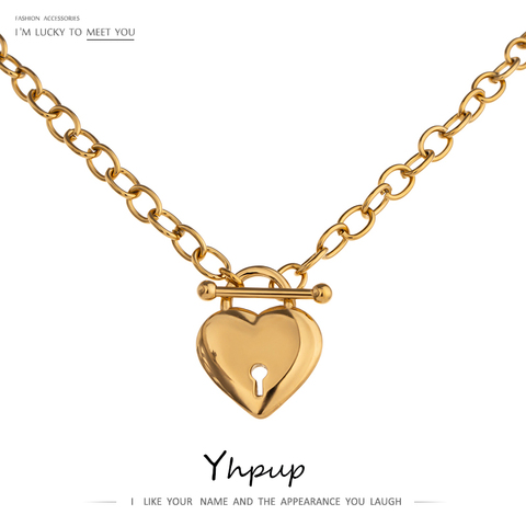 Yhpup Romantic Heart Lock Pendant Stainless Steel Necklace for Women Temperament Metal Texture 18 K Plated Choker Necklace 2022 ► Photo 1/6