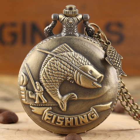 Vivid Fishing Carving Design Quartz Pocket Watch Vintage Bronze Interesting Design Angling Clock for Men Women + Fish Accessory ► Photo 1/6