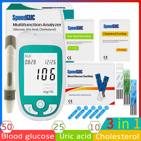 3in1 Multifunction Cholesterol Uric acid Blood glucose meter glucometer kit Diabetes Gout Tester Blood sugar monitor Test Strips ► Photo 1/6