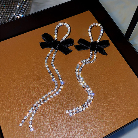 2022 New Contracted Metal Black Bowknot Modelling Drop Earrings Long Tassel Shiny Crystal Fashion Women Earrings Senior ► Photo 1/6