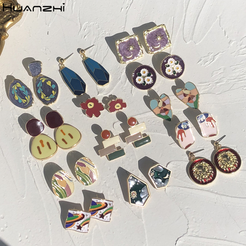HUANZHI 2022 New Vintage Enamel Flower Oil Painting Geometric Heart Stud Earring Colorful Jewelry for Women Girls ► Photo 1/6