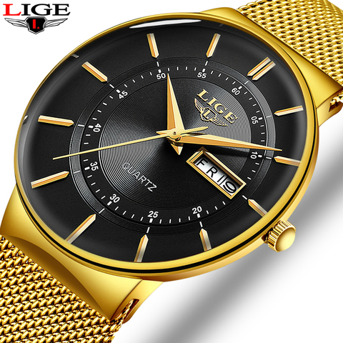 Relogio Masculino 2022 LIGE New Mens Watches Top Brand Luxury Ultra Thin Quartz Watch Men Steel Mesh Strap Waterproof Gold Watch ► Photo 1/6