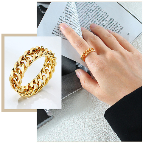 Gold Tone Chain Rings for Women,6/7/14mm Stainless Steel Curb Chain Wedding Band, Chic Minimalist Finger Ring Jewelry ► Photo 1/6