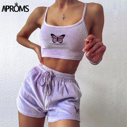 Aproms Yellow Velvet Crop Top and Shorts Women 2 Pieces Set Summer Embroidery Cami Drawstring Shorts Female Loungewear Suit 2022 ► Photo 1/6