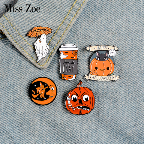 Happy Halloween Enamel Pin Custom Coffee Moon Ghost Pumpkin Umbrella Brooches Backpack Clothes Lapel Pin Fun Badge Jewelry Gift ► Photo 1/6