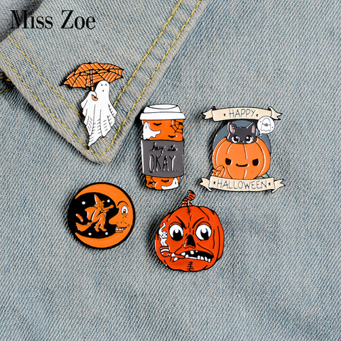 Happy Halloween Enamel Pin Custom Coffee Moon Ghost Pumpkin Umbrella Brooches Backpack Clothes Lapel Pin Fun Badge Jewelry Gift ► Photo 1/6