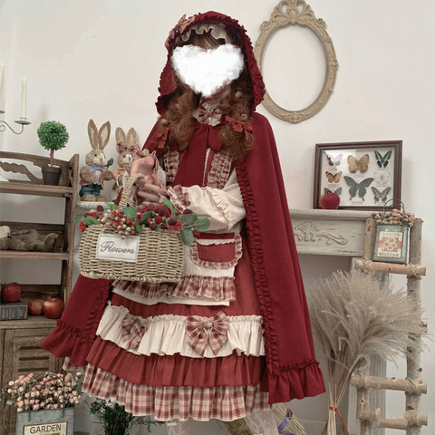 Japanese Harajuku Sweet Lolita OP Dress Girly Cute Berry Forest Bowknot Princess Dress Women Red Hooded Cloak Tea Party Dresses ► Photo 1/6