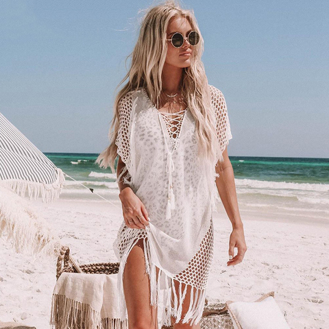 New Knitted Beach Cover Up Women Bikini Swimsuit Cover Up Hollow Out Beach Dress Tassel Tunics Bathing Suits Cover-Ups Beachwear ► Photo 1/6