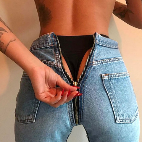 Sexy Back Zipper Long Jeans  Women Classic High Waist Skinny Pencil Light Blue Denim Pants  Elastic Stretch Jeans ► Photo 1/5